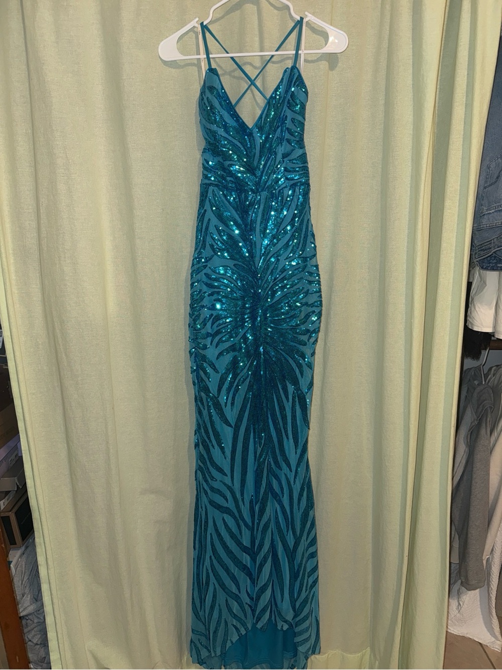 Blue Sequin V-Neck Evening Gown